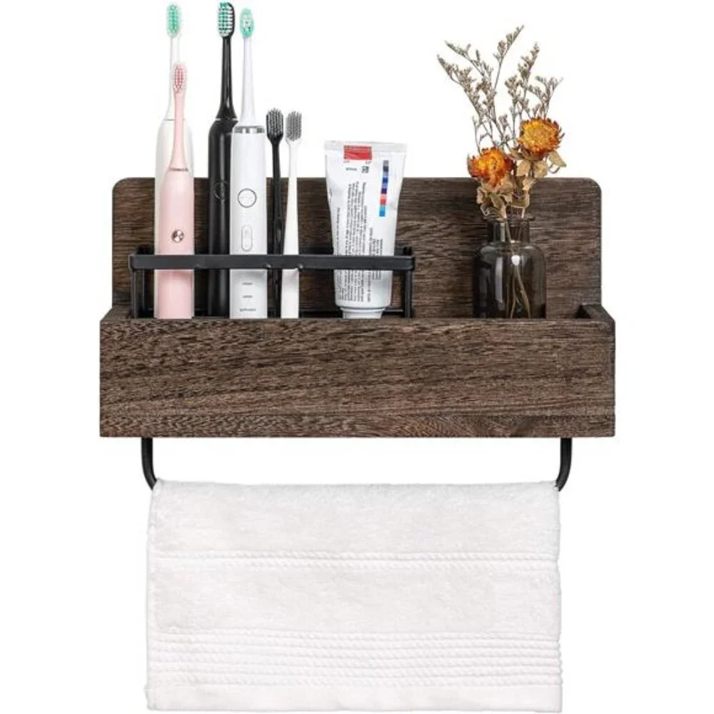 Wall Mounted Toothbrush Holder Wooden Bathroom Organizer Towel Rack Toothpaste